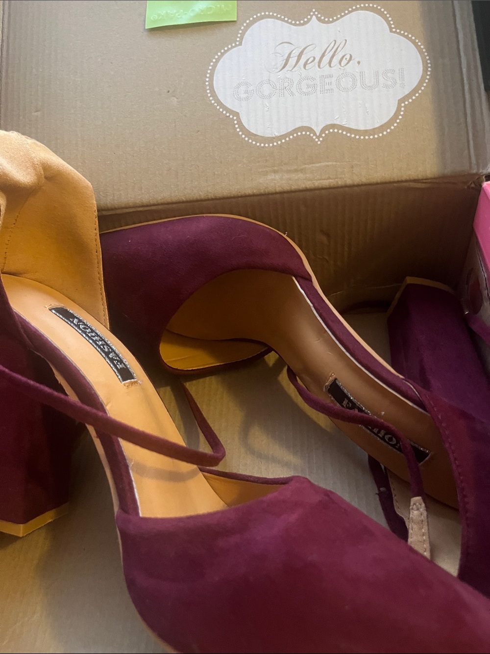 Suede Almond-Toe Block Heels in Berry with Ankle Strap